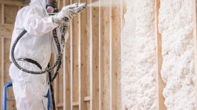 Worker in protective suit spraying foam insulation under roof rafters improving attic energy efficiency.