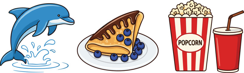 Jumping dolphin splash, blueberry cheesecake slice, and popcorn with soda illustration set for marine life, dessert and cinema snack concept © Mohammad