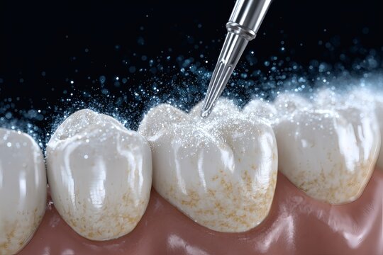 Dental Brilliance: A detailed close-up highlights the process of professional teeth cleaning with advanced tools and technology, showing the sparkling transformation