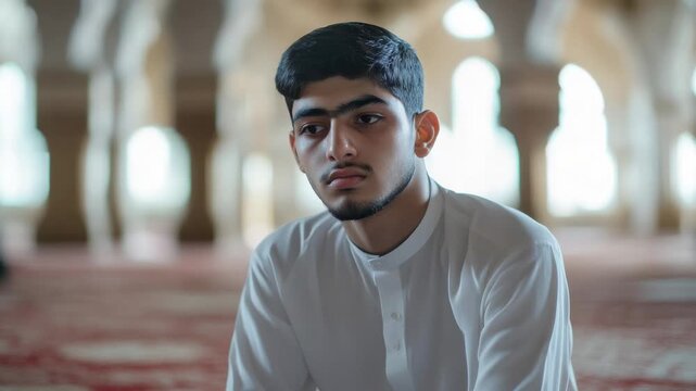Young man sitting inside mosque with focus on face and expression in a quiet moment during midday prayers