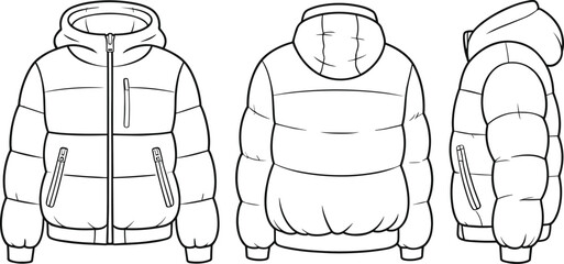 A white puffer jacket with a hood and two pockets with zippers on the front © Hey world