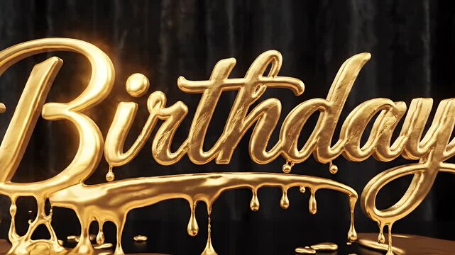 Golden 'Birthday' text with dripping liquid gold on dark background
