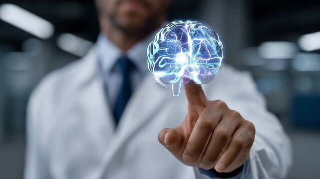 Doctor touching glowing digital brain interface, neurology, artificial intelligence in medicine, neuroscience, brain health, medical technology, innovation, diagnosis, healthcare