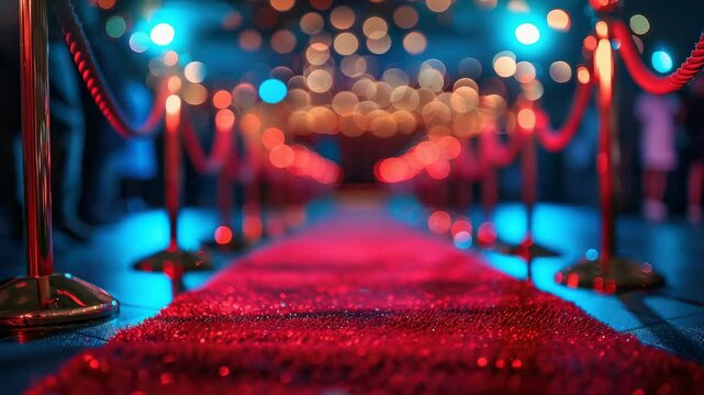 Long red carpet between barriers, blurred figures of photographers and flashes, film festival awards ceremony, Hollywood, Cannes, award, prize, film academy, Venice Film Festival, movie night, fame