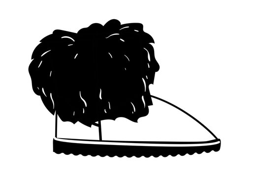 Silhouette illustration of short ugg boots with fluffy fur upper and flat sole. Warm winter footwear vector illustration isolated on white background.