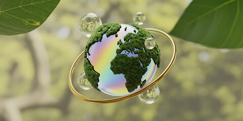 Fototapeta premium Crystal Ball With Earth Map Reflecting Nature And Rainbow Colors In Sunlight