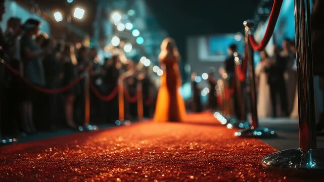 Long red carpet between barriers, blurred figures of photographers and flashes, film festival awards ceremony, Hollywood, Cannes, award, prize, film academy, Venice Film Festival, movie night, fame