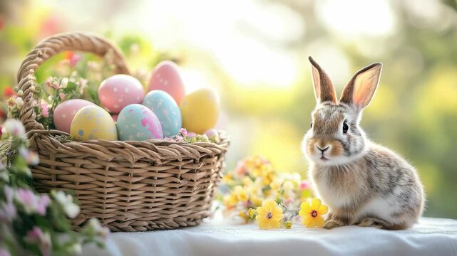 Easter, April 5, a basket of painted pink, yellow, and blue eggs sits on a table on a white tablecloth, a small bunny sits next to the basket, a blurred background of a bright kitchen, spring primrose