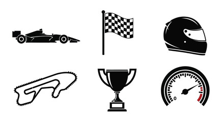 Naklejka premium Racing icons silhouette including car flag helmet track trophy and speedometer
