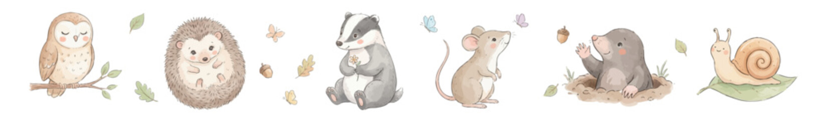 Watercolor forest animals clipart set with owl, hedgehog, mouse, badger, mole and snail Collection of Vector illustrations. Perfect for invitation, card, poster, banner, decoration © maria