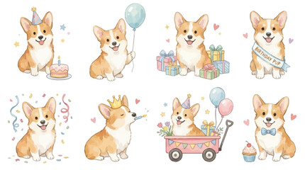 Fototapeta premium Cute watercolor corgi birthday clipart set with balloons, cake, gifts and party hat. Collection of Vector illustrations. Perfect for invitation, card, poster, banner, decoration