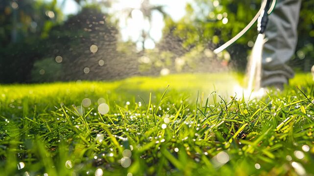 Professional applicator using pest control spray on vibrant green lawn for effective pest management