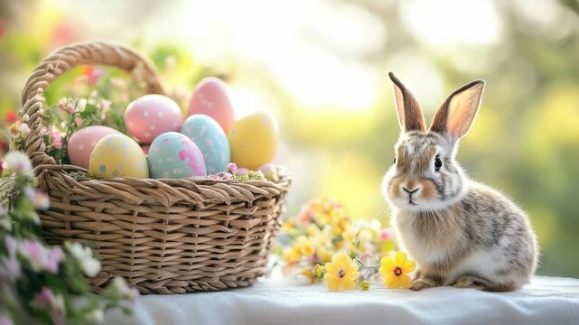 Easter, April 5, a basket of painted pink, yellow, and blue eggs sits on a table on a white tablecloth, a small bunny sits next to the basket, a blurred background of a bright kitchen, spring primrose