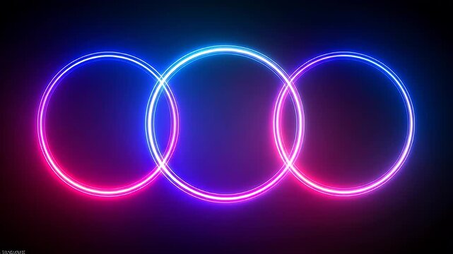 Three overlapping neon circles in blue, pink, and purple against a dark background