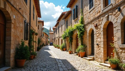 Fototapeta premium Old European village street with cobblestones. Stone buildings lined with potted plants and green vines. Sunny day with shadows on the pavement. Town architecture.
