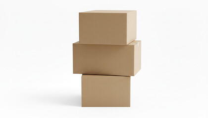 Obraz premium Three stacked brown cardboard moving boxes or shipping containers resting vertically against a clean white background symbolizing delivery and storage concepts
