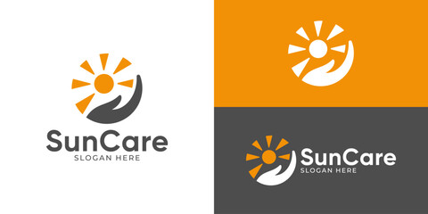 Obraz premium Creative simple sun care logo template. Hand and sun logo design vector illustration.