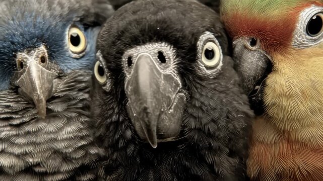Colorful parrot quartet movements highlight vibrant plummage and expressive gazes