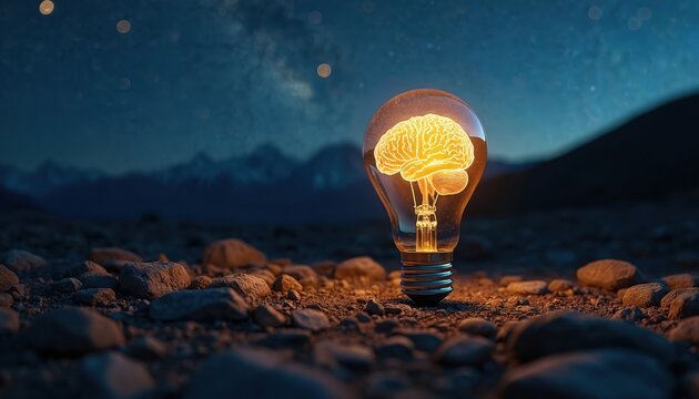 Illuminated human brain inside light bulb rests on rocky ground under starry night sky. Symbolizes new idea concept, breakthrough thought, or inspiration for innovation and intelligence.