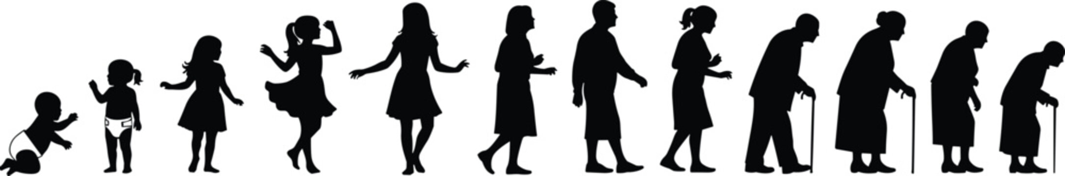 Silhouettes of human life stages from infancy to old age, progression showing childhood, adulthood, and elderly figures with canes
