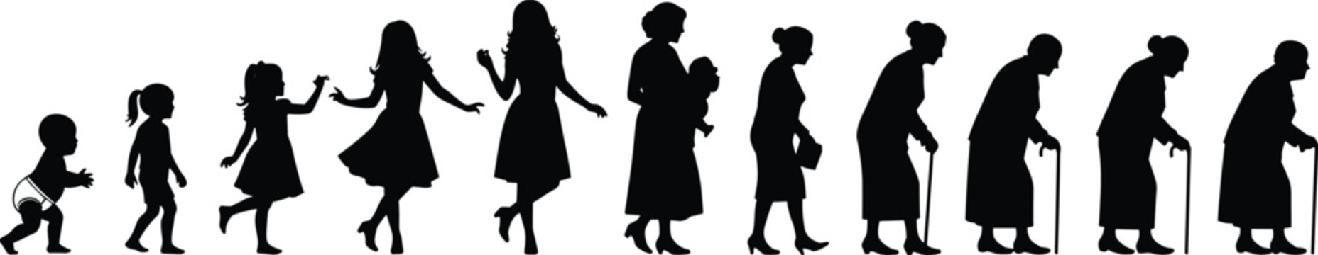 Silhouettes of human life stages from infancy to old age, progression showing childhood, adulthood, parenthood, and elderly figures with cane