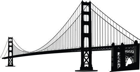 Fototapeta premium Suspension bridge silhouette with tall towers, vertical cables, iconic landmark architecture, engineering structure, Golden Gate inspired design illustration