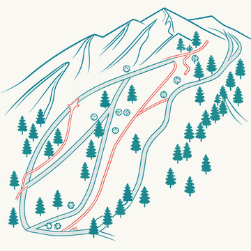 Clean line art map of a ski resort with marked slopes, trees, and lift icons