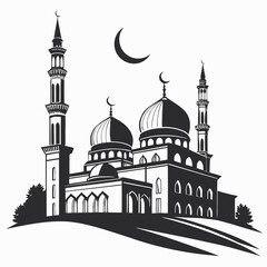 Islamic mosque architecture silhouette with symmetrical minarets and domes © rrr