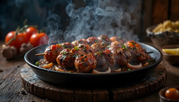 Juicy Chapli Kebab Sizzling On Cast Iron Pan With Onions And Tomatoes Rustic Style