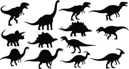 Vector illustration of dinosaur silhouettes including Tyrannosaurus rex, Brachiosaurus, Stegosaurus, Triceratops, and Parasauro © Hafeza