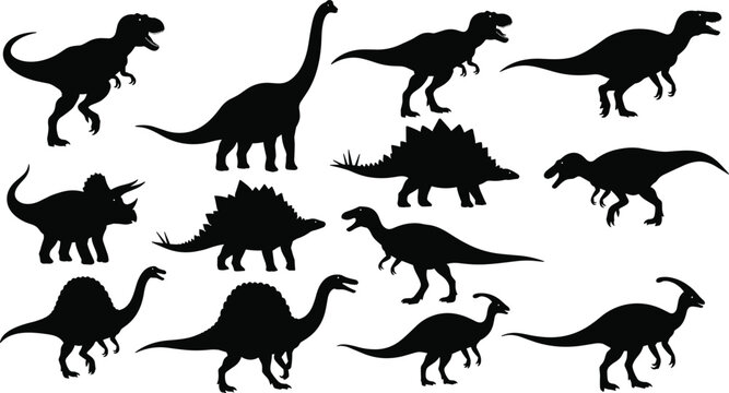 Vector illustration of dinosaur silhouettes including Tyrannosaurus rex, Brachiosaurus, Stegosaurus, Triceratops, and Parasauro