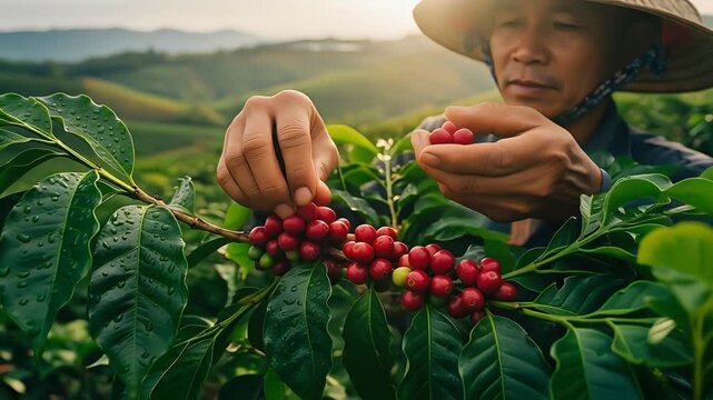 Farmer harvesting ripe coffee beans from a plant in a plantation during daytime, highlighting agricultural work