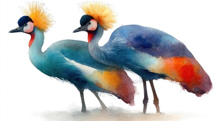 Fototapeta premium Watercolor illustration of two regal birds with blue, orange, and yellow plumage