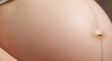 Close up texture of stretch marks on female belly during pregnancy. Concept of dermatology body transformation and motherhood lifestyle.