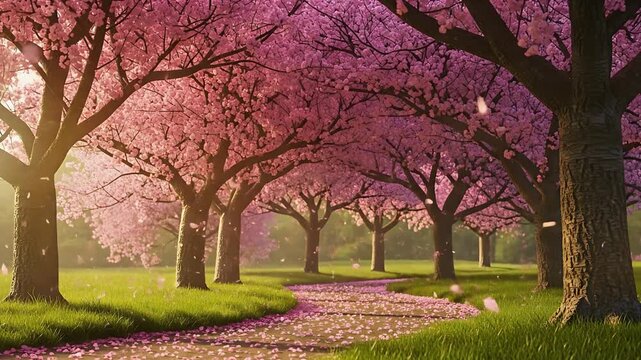 A serene pathway winds through a grove of blooming cherry blossom trees bathed in soft sunlight, creating a picturesque spring scene