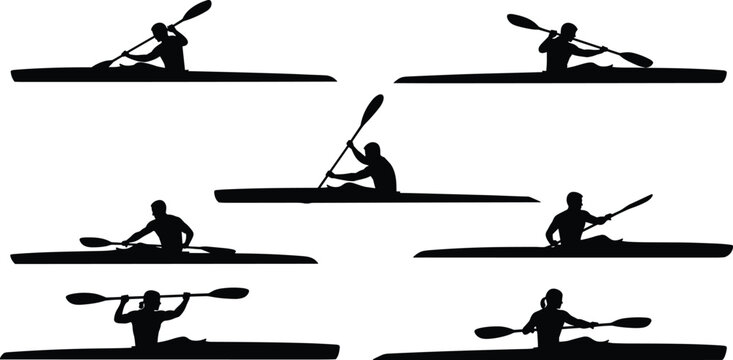 Vector illustration of kayaking silhouettes showing paddling positions and motions symbolizing sport, recreation, identity, diversity, culture, tradition, inclusivity, and education