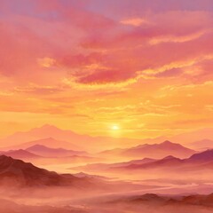 Obraz premium Golden Hour Panorama: A breathtaking view of rolling mountains bathed in the warm, diffused light of a setting sun. The vivid colors of the sky create a majestic landscape