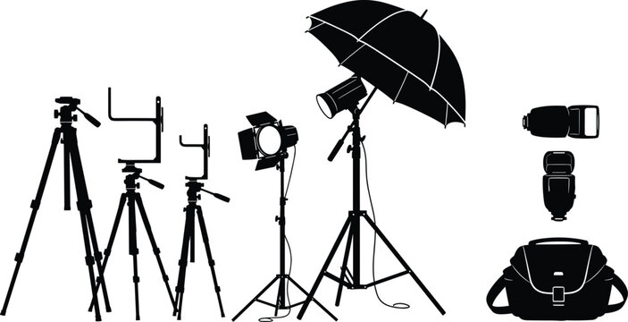 Vector illustration of photography and videography equipment silhouettes including tripods, studio lights, flashes, and camera bag symbolizing creativity, identity, diversity