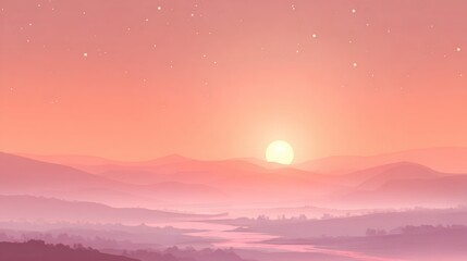 Fototapeta premium Misty Sunset Panorama: A tranquil landscape painting featuring a breathtaking sunset with a vivid display of colors, over a gentle mountain range, evoking a sense of serenity.
