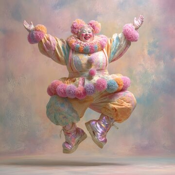 Cheerful Clown's Jubilation: A delightful and whimsical clown, adorned in vibrant attire, leaps into the air with unbounded joy, showcasing pure happiness in a theatrical performance.