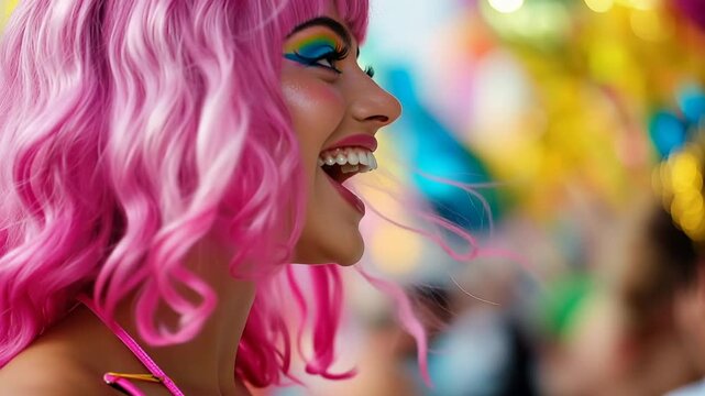 Young woman at Brazilian carnival, beautiful smiling drag queen model in pink wig with bright makeup on blurred background of Mardi Gras carnival in New Orleans, festival, holiday, girl in costume