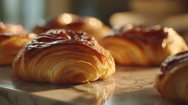 Golden Croissants on Marble: An alluring display of perfectly baked croissants, their buttery layers shimmering in the light, resting on a cool marble surface, ready to tantalize the senses. 