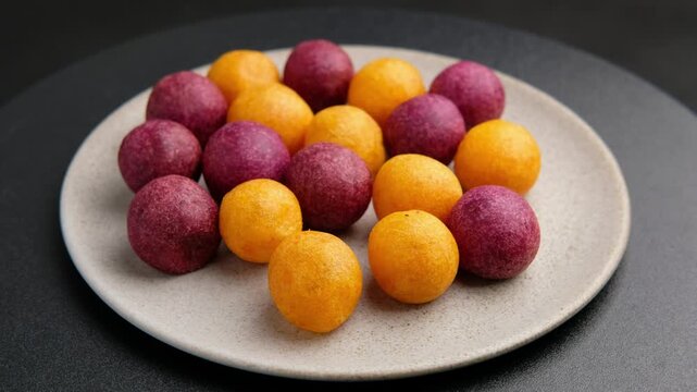 Thai deep fried sweet potato ball.Khanom khai nok kratha, is a traditional Thai dessert consisting of small deep-fried sweet potato balls, shaped to resemble quail eggs.