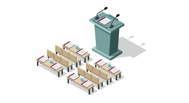 Isometric conference setup with podium and seating arrangement for presentations
