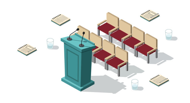 Isometric conference room setup with podium and chairs