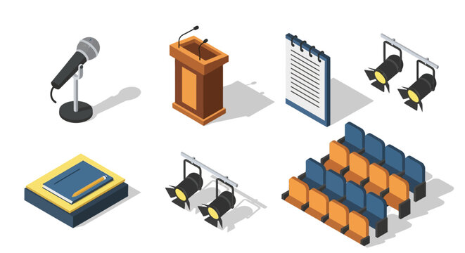 Isometric conference elements: microphone, podium, notepad, lights, chairs