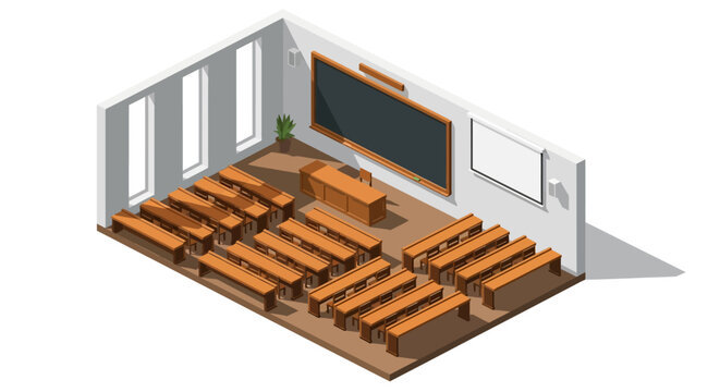 Modern isometric classroom interior with desks, blackboard, and windows in minimalistic design