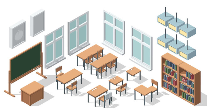Isometric classroom setup with desks, chairs, and educational elements