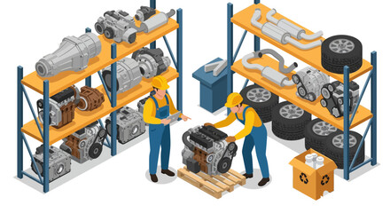 Naklejka premium Isometric warehouse with workers handling auto parts on shelves