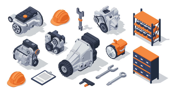 Isometric car parts set with tools and equipment